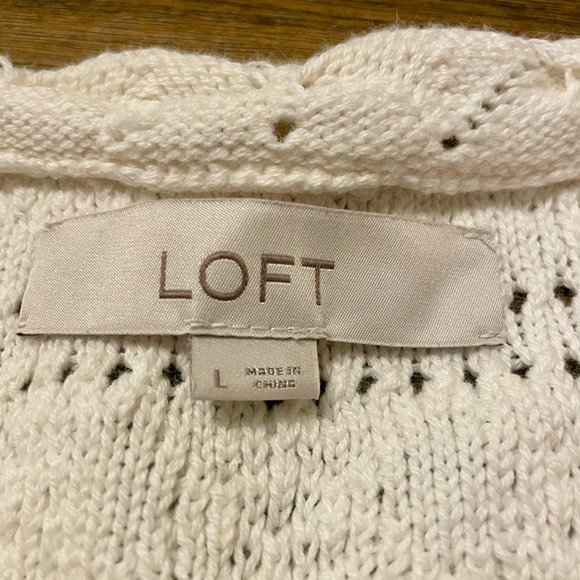 LOFT Dot Stripe Pointelle Ivory Cotton Sweater Size L Scalloped Detail Crewneck - Picture 7 of 9